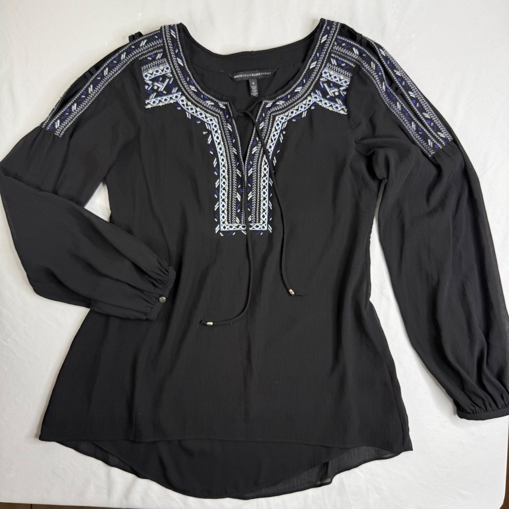 White House Black Market Black Embroidered Cold Shoulder Peasant‎ Blouse Size 6